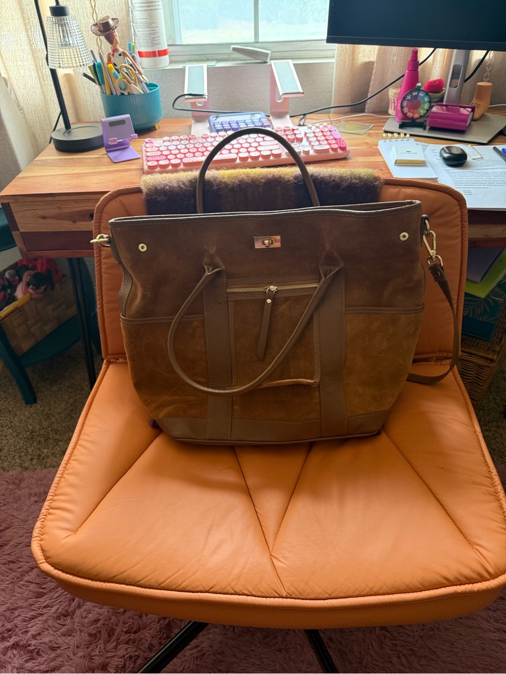 Brown Suede & Leather Tote Bag